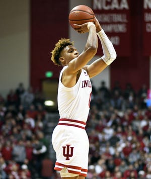 Indiana Hoosiers guard Romeo Langford (0) shoots the ball during the game against Illinois at Simon Skjodt Assembly Hall in Bloomington, Ind., on Thursday, Jan. 3, 2019.