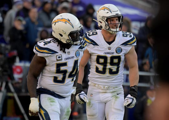 Los Angeles Chargers defensive end Joey Bosa (right) and defensive end Melvin Ingram (left) celebrate together against the Baltimore Ravens during an AFC Wild Card playoff football game at M&T Bank Stadium.