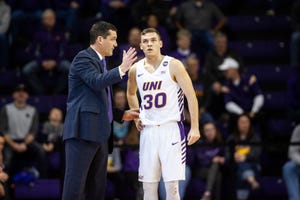 Northern Iowa head coach Ben Jacobson talks with guard Spencer Haldeman (30) during an NCAA Missouri Valley Conference men's basketball game on Saturday, Jan. 5, 2019, at the McLeod Center in Cedar Falls, Iowa.