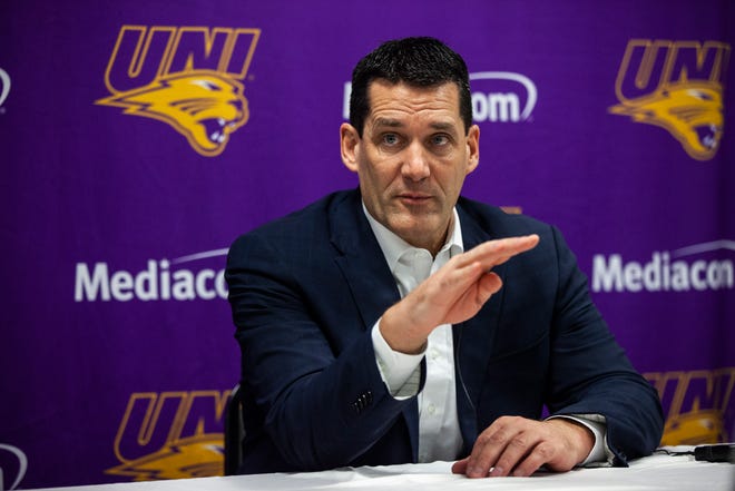 Northern Iowa head coach Ben Jacobson talks with reporters after a NCAA Missouri Valley Conference men's basketball game on Saturday, Jan. 5, 2019, at the McLeod Center in Cedar Falls, Iowa.