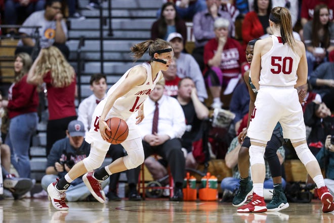 BLOOMINGTON, IN - JANUARY 06, 2019 - guard Ali Patberg #14 of the Indiana Hoosiers  during the game against the Michigan State Spartans and the Indiana Hoosiers at Simon Skjodt Assembly Hall in Bloomington, IN.