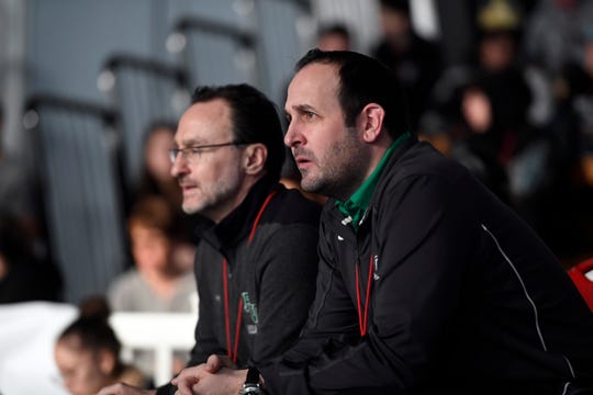 Pascack Valley head coach Tom Gallione, right, watches as Tommy Chiellini (not pictured) takes the mat for the 182-pound final during the Sam Cali Battle for the Belt tournament on Sunday, Jan. 6, 2019, in West Orange.