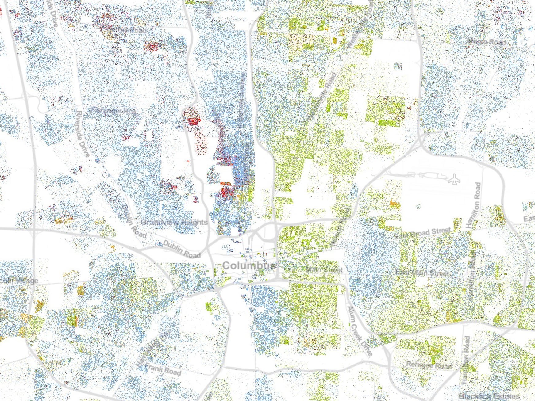 Columbus as shown by the University of Virginia's Racial Dot Map.