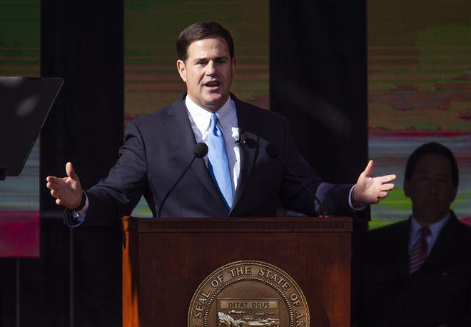 Gov. Doug Ducey speaks after being sworn in by Arizona Supreme Court Chief Justice Scott Bales at the Arizona Capitol in Phoenix at the 2019 State of Arizona Inauguration ceremony on Jan. 7, 2019. Gov. Ducey , Secretary of State Katie Hobbs, Attorney General Mark Brnovich, State Treasurer Kimberly Yee, Superintendent of Public Instruction Kathy Hoffman and State Mine Inspector Joe Hart were all sworn in to office during the ceremony.