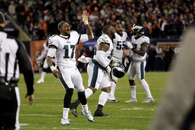 Philadelphia Eagles wide receiver Alshon Jeffery (17) and teammates celebrate after Chicago Bears kicker Cody Parkey misses a field goal during the second half of an NFL wild-card playoff football game Sunday, Jan. 6, 2019, in Chicago. The Eagles won 16-15. (AP Photo/Nam Y. Huh)