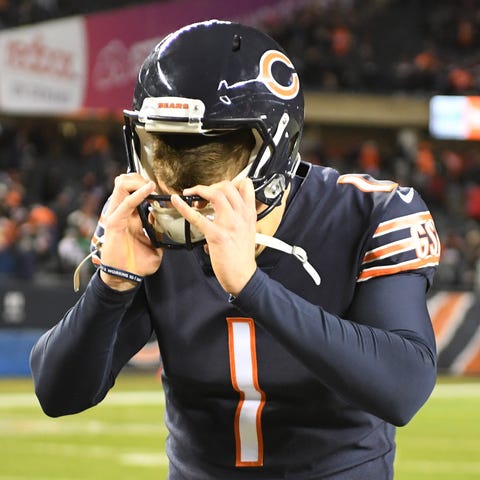 Chicago Bears kicker Cody Parkey (1) reacts after...