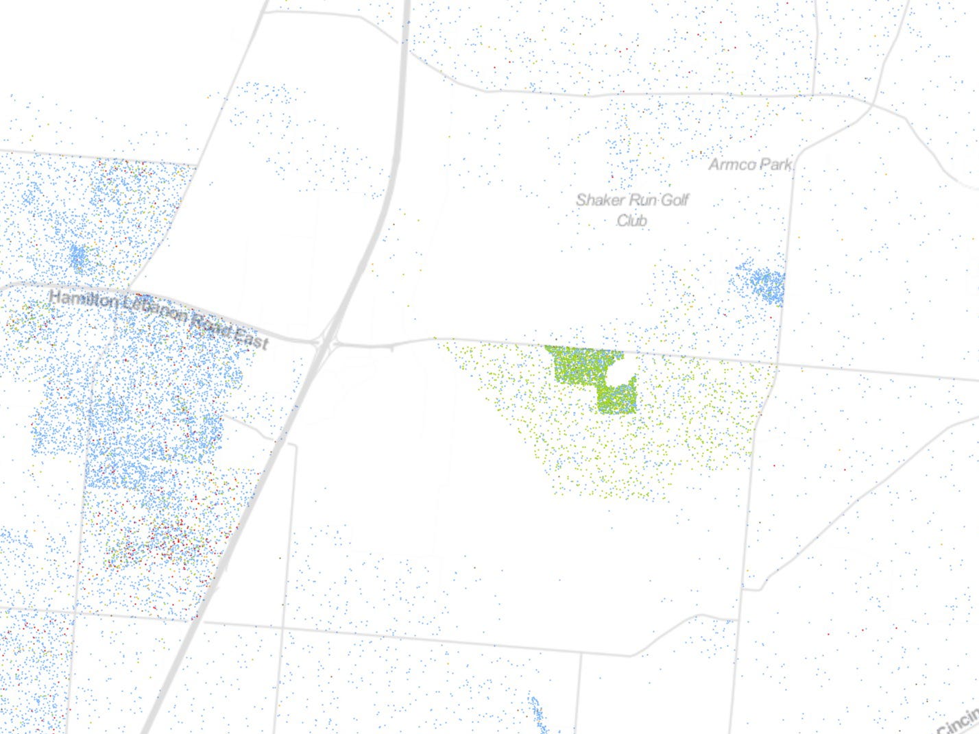 The Lebanon Correctional Institution as shown by the University of Virginia's Racial Dot Map.