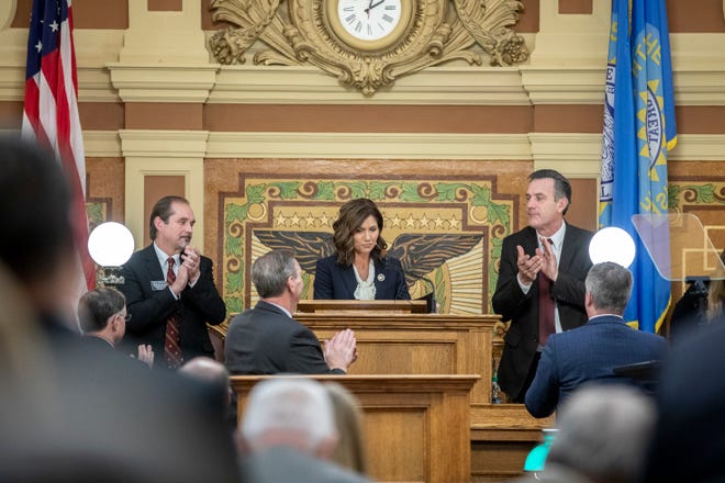 South Dakota Gov. Kristi Noem receives a standing ovation after delivering her first State of the State address at the state Capitol in Pierre, S.D., Tuesday, Jan. 8, 2019. (Ryan Hermens/Rapid City Journal via AP)