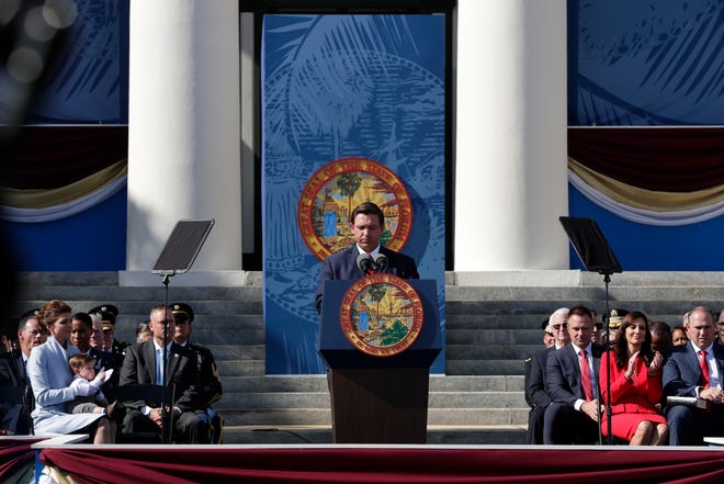 Gov. Ron DeSantis gives his inaugural speech after taking the oath of office during the 2019 inauguration ceremony on the steps of the Historic Capitol Building in Tallahassee Tuesday, Jan. 8, 2019. 