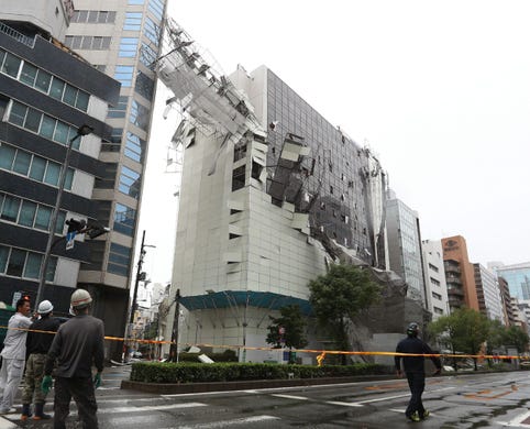 Damage from loose construction scaffolding due to weather patterns from Typhoon Jebi is seen in Osaka on Sept. 4, 2018, as the typhoon made landfall around midday in southwestern Japan. 