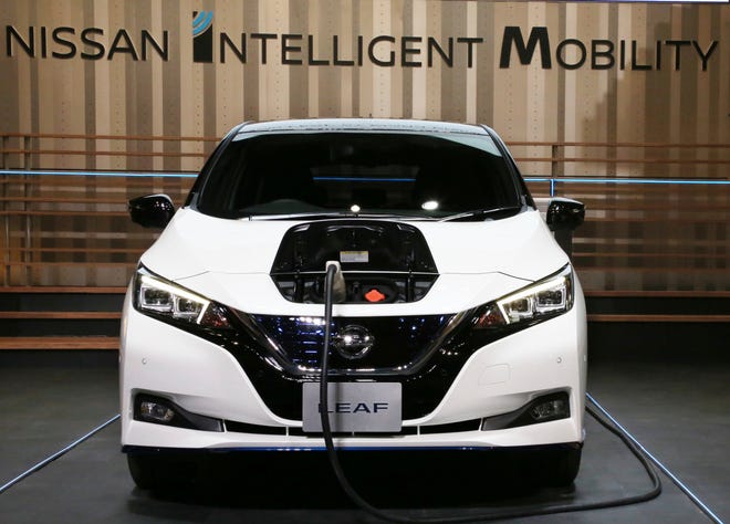 Nissan LEAF e+ is on display at the global headquarters of Nissan Motor Co., Ltd. in Yokohama Wednesday.  Nissan is showing the beefed up version of its hit Leaf electric car as the Japanese automaker seeks to distance itself from the arrest of its star executive Carlos Ghosn.
