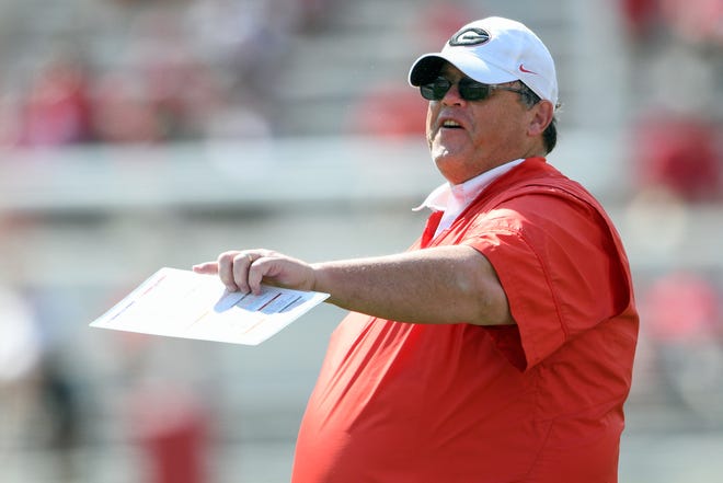 Apr 22, 2017; Athens, GA, USA; Georgia Bulldogs offensive coordinator Jim Chaney  reacts on the field during the second half during the Georgia Spring Game at Sanford Stadium. Red defeated Black 25-22.
