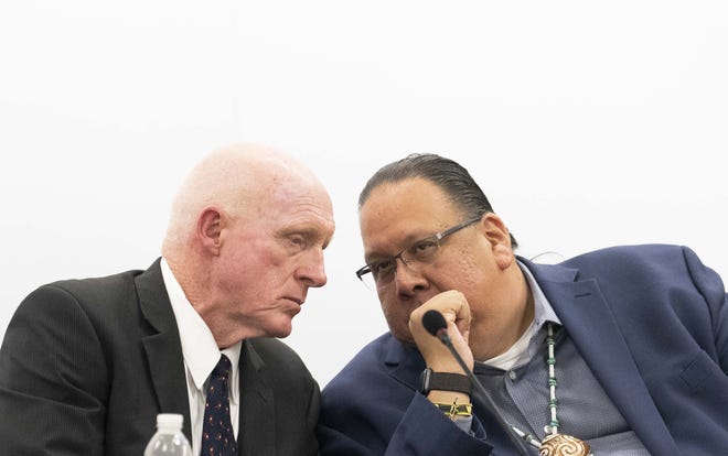 Rep. Russell Bowers (left) and Gila River Indian Community Gov. Stephen Roe Lewis talk about the Colorado River drought plan, during a meeting at the Central Arizona Project Headquarters in Phoenix.
