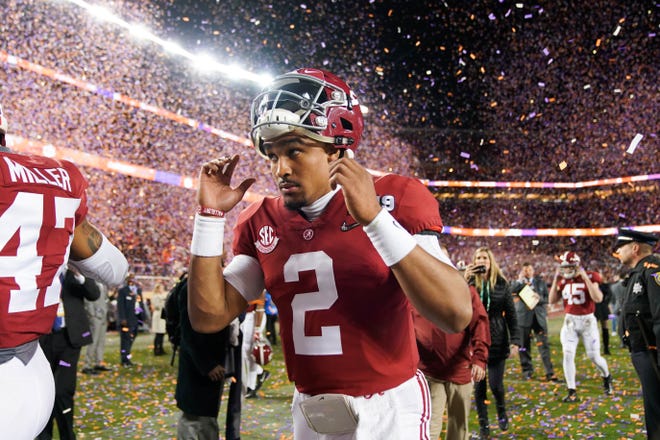 Alabama Crimson Tide quarterback Jalen Hurts (2) reacts after the 2019 College Football Playoff Championship game against the Clemson Tigers at Levi's Stadium.
