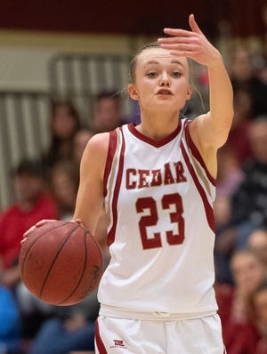 Cedar High School forward Mayci Torgerson, pictured here during a game against Pine View on Jan. 8, led the Lady Reds with 18 points Saturday as the team beat Ridgeline 53-40 to win its first-ever 4A state title.