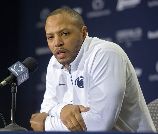 Penn State offensive recruiting coordinator Josh Gattis talks to the media about the upcoming TaxSlayer Bowl on Friday, Dec. 18, 2015, in University Park, Pa.
