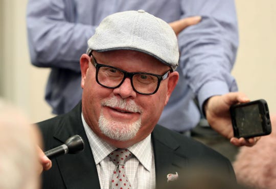 Tampa Bay Buccaneers head coach Bruce Arians talks with media as he is introduced as the new head coach at AdventHealth Training Center Jan. 10. Kim Klement-USA TODAY Sports