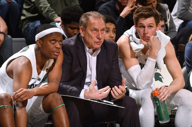 Cassius Winston, left, with coach Tom Izzo and Matt McQuaid says any team in the Big Ten can be beaten on any given night.