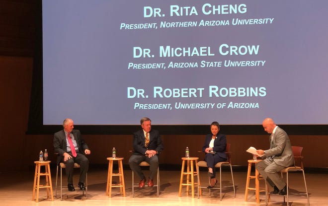 University of Arizona president Robert Robbins, Arizona State University president Michael Crow and Northern Arizona University president Rita Cheng discuss the state of Arizona's universities on Jan. 11, 2019. Todd Sanders (far right), CEO and President of the Greater Phoenix Chamber of Commerce moderated.