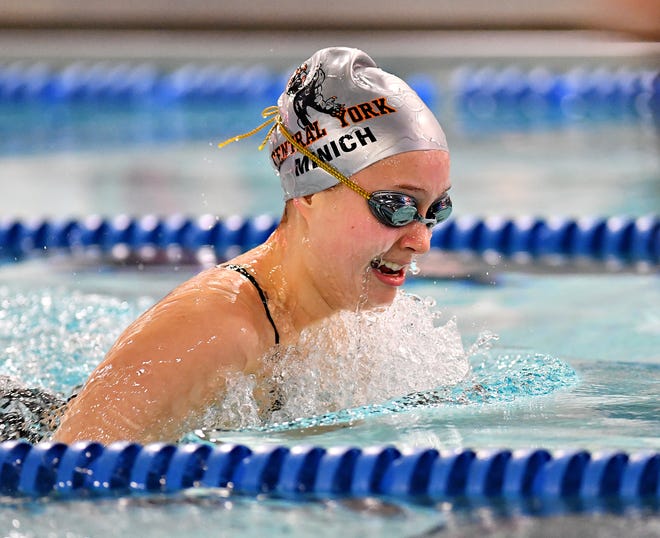 Central York's Sarah Minich wins the 100 Yard Breaststroke at 1:12.84 during swimming action against Dallastown at Dallastown Area High School in York Township, Thursday, Jan. 10, 2019. Dawn J. Sagert photo