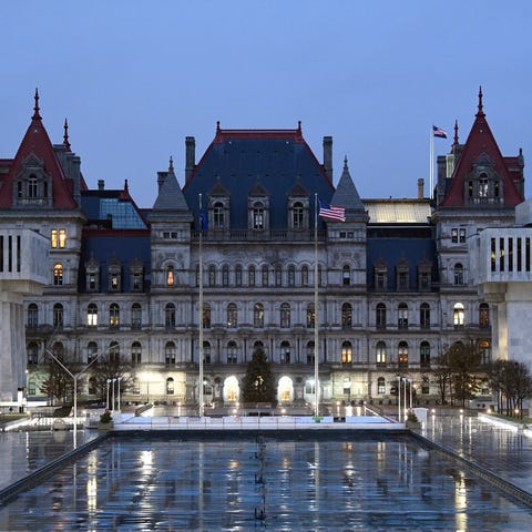 Exterior view of the state Capitol before sunrise 