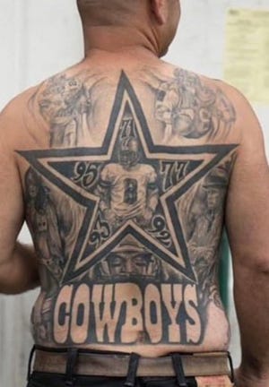 The Cowboys-inspired tattoo on Oxnard's Jose Espinoza took more than 30 hours to complete. Dallas plays against the Rams in the NFC divisional playoffs on Saturday night at the Coliseum.