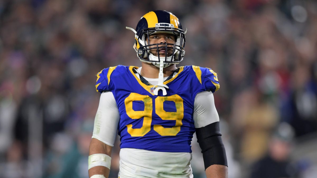 Los Angeles Rams defensive end Aaron Donald (99) reacts in the fourth quarter against the Philadelphia Eagles at Los Angeles Memorial Coliseum.