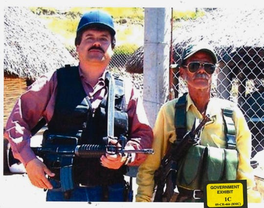 In this undated photo provided by the United  States Attorney's Office for the Eastern District  of New York, Joaquin "El Chapo" Guzman,  left, poses with an unidentified man. Text  messages sent by the Mexican drug lord known as El  Chapo about narrowly avoiding capture in 2012 have  become the latest damaging evidence at his U.S.  trial.  Prosecutors presented the texts Wednesday,  Jan. 9, 2019 in federal court in Brooklyn, where  Guzman has pleaded not guilty to drug-trafficking  charges.