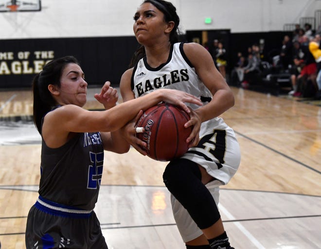 Abilene High's Alyssa Washington is fouled by Weatherford's Sydney Steffler during Friday's game in the Eagle Gym Jan. 11, 2019. Final score was 51-38, Abilene.