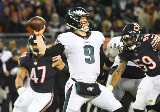 Jan 6, 2019: Philadelphia Eagles quarterback Nick Foles (9) throws a pass against the Chicago Bears in the first half of a NFC Wild Card playoff football game at Soldier Field.