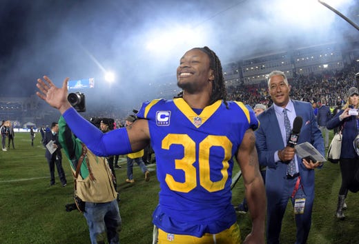 Los Angeles Rams running back Todd Gurley (30) celebrates after beating the Dallas Cowboys.