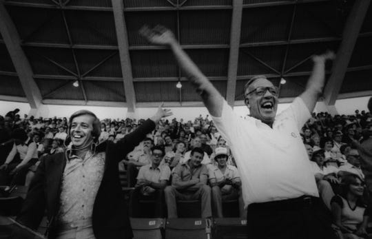 SEPTEMBER 7, 1979: Marty Brennaman, left, and Joe Nuxhall, right.