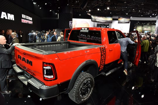 People check out the 2019 Ram Power Wagon after its introduction Monday.