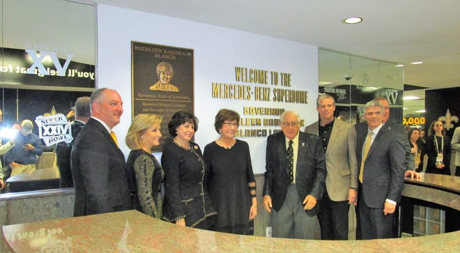 Gov. John Bel and Donna Edwards, Kathleen and Raymond Blanco, Kyle France and Doug Thornton gather for the dedication of the lobby and plaque bearing former governor Kathleen Blanco's name.