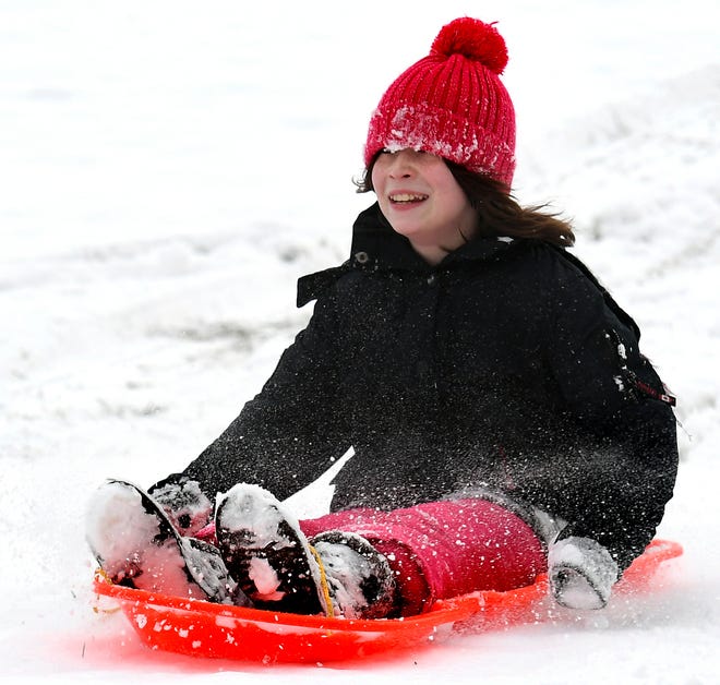Meadow Manning, 11, of York City, sleds at Reservoir Park in Spring Garden Township Sunday, Jan. 13, 2019. More snow is in the forecast for the area later this week. Bill Kalina photo