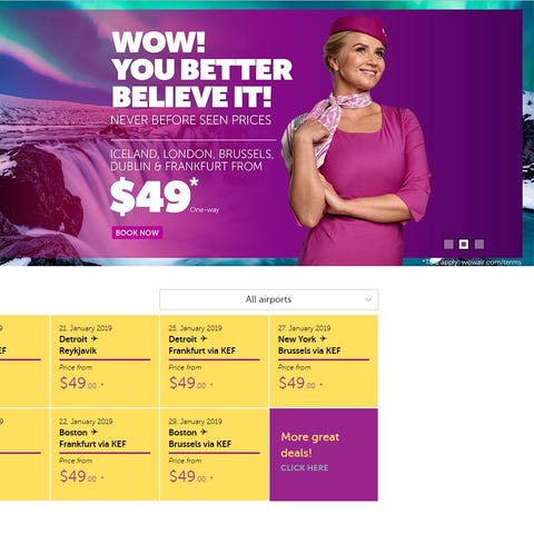 WOW Air's website advertised $49 one-way fares...