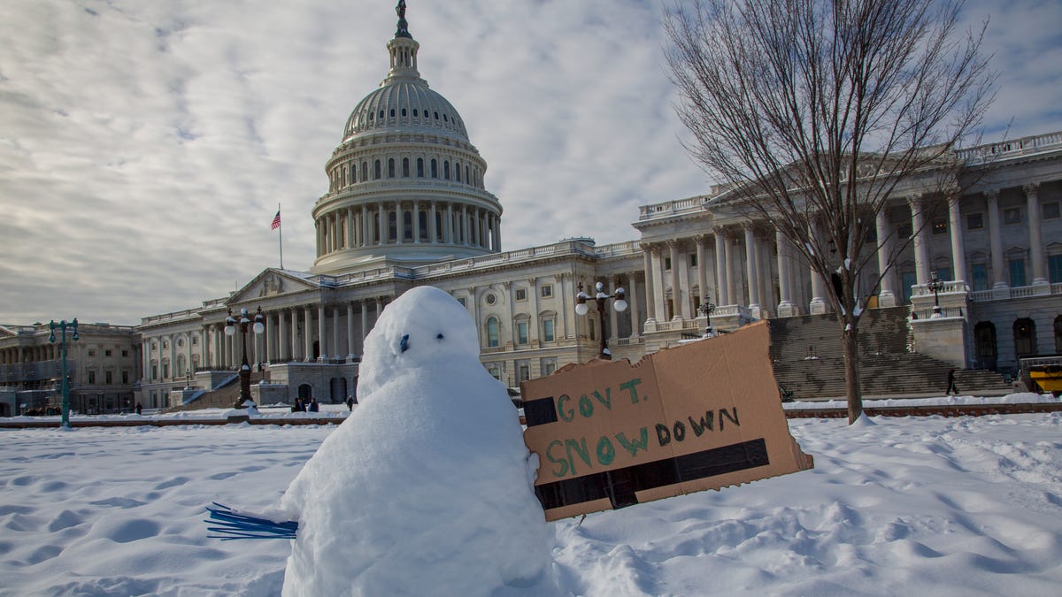 A snowman with a message is seen at the Capitol in Washington on the 24th day of a partial government shutdown, Monday, Jan. 14, 2019. (AP Photo/J. Scott Applewhite) ORG XMIT: DCSA101