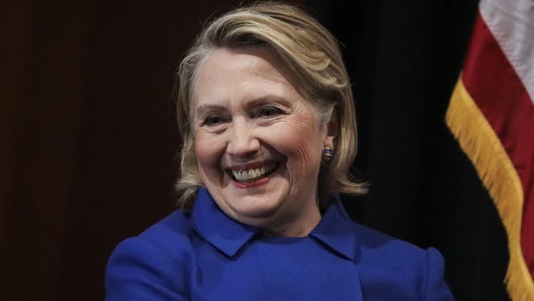 Former Secretary of State Hillary Clinton looks...