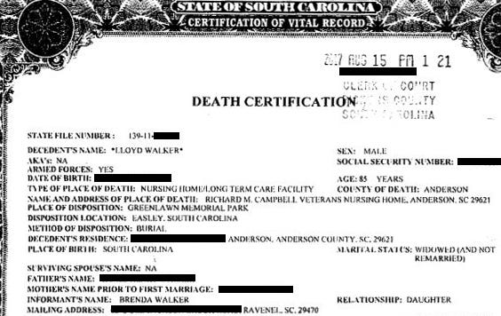 Lloyd Walker of Easley had $654 seized when he was caught gambling in 1991, according to court records. Walker never got his money back — dying in 2011 in a nursing home for veterans in Anderson at age 85. To claim his money 26 years after his arrest, his daughter submitted his death certificate.