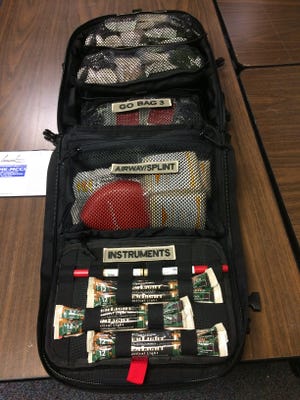One of 25 mass casualty critical intervention packs purchased by Wayne County Emergency Management Agency contains three pull-out "Go Bags" and other supplies.