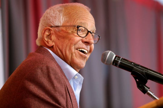Cincinnati Reds play-by-play broadcaster Marty Brennaman answers questions at a press conference following the announcement that he will retire at the conclusion of the 2019 baseball season, Wednesday, Jan. 16, 2019, at Great American Ball Park.