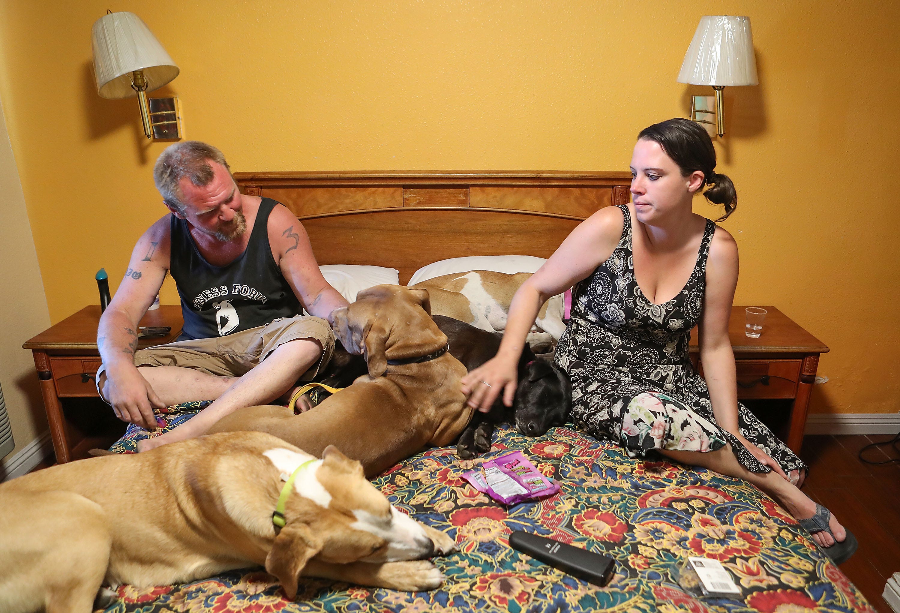 Bryan Hensley and Carene Riale were housed for 30 days in a motel in Indio with their four dogs. The two were displaced from the Coachella encampment in May 2018.