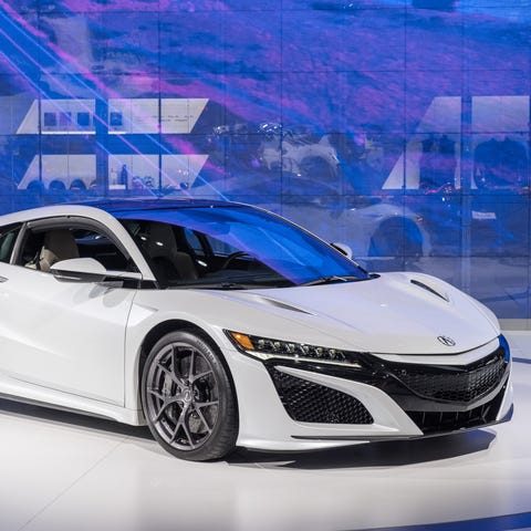 A 2019 Acura NSX sits on the stage during the 2019