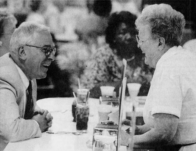 Enquirer file, Aug. 9, 1995: Bob Chaiken of Amberley Village, left, jokes with Kati Key, who he calls `the best waitress in the whole city,' at Hathaway's Coffee Shop in Carew Tower.