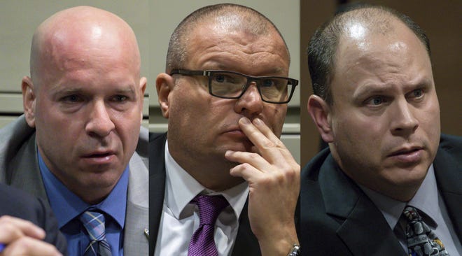 This combination of Nov. 28, 2018 file photos shows former Chicago Police officer Joseph Walsh, left, former detective David March and former officer Thomas Gaffney, accused of trying to cover up the fatal shooting of Laquan McDonald.