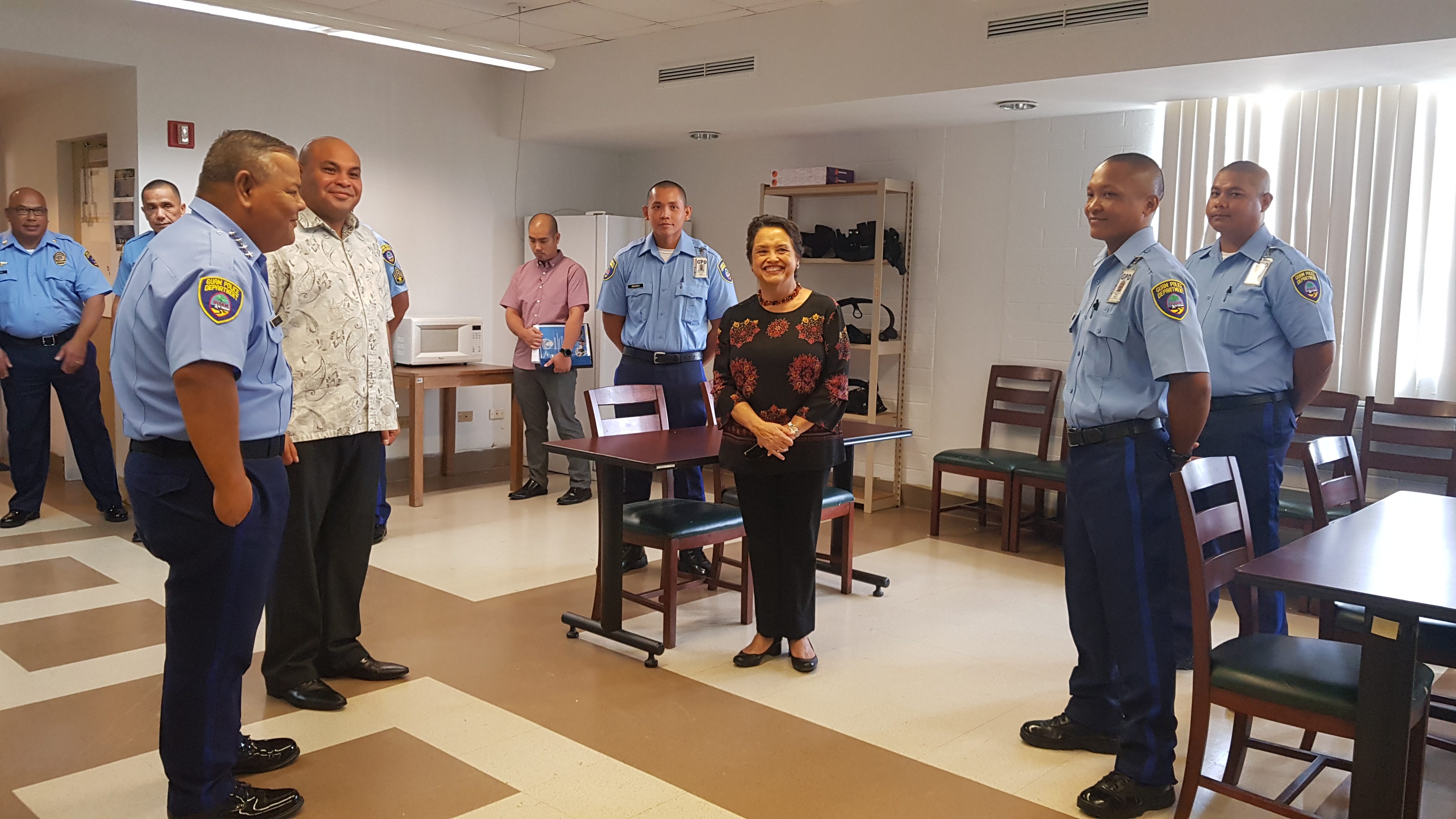 Gov. Lou Leon Guerrero and Lt. Gov. Josh Tenorio greet Guam Police Department recruits during a visit to the GPD headquarters in Tiyan on Jan. 17, 2019.