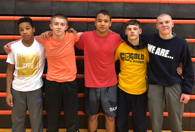 York Suburban has five freshman wrestlers who are a combined 81-23 this season. From left to right: Dequese Dillon, Noah Rice, Jamal Lewis, Zachary Emory and Bryson Neidigh.
