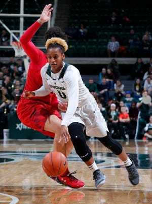 Michigan State's Shay Colley drives against Maryland, Thursday, Jan. 17, 2019, in East Lansing, Mich.
