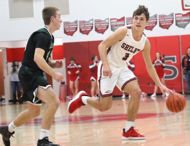Shelby's Uriah Schwemley, playing in Friday's 41st News Journal All-Star Basketball Classic is a three-sport standout. He is an All-Ohio football player and a state champion high jumper.