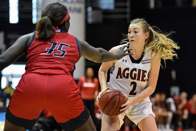 Brooke Salas recorded a double-double, 21 points and 11 rebounds, in a 75-55 NM State victory over Seattle on Thursday, Jan. 17, 2019, at the Pan American Center.